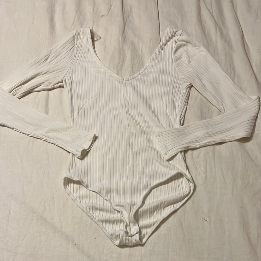White Ribbed Long Sleeve Bodysuit